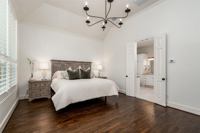 321 Hitch Wagon Dr, Mckinney, TX 75071 - bedroom with crown molding, dark wood finished floors, a chandelier, baseboards, and ensuite bathroom