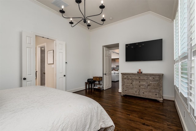 321 Hitch Wagon Dr, Mckinney, TX 75071 - bedroom featuring crown molding, dark wood-type flooring, a chandelier, vaulted ceiling, and baseboards