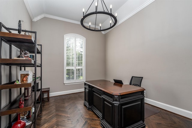 321 Hitch Wagon Dr, Mckinney, TX 75071 - home office featuring a chandelier, crown molding, baseboards, and vaulted ceiling