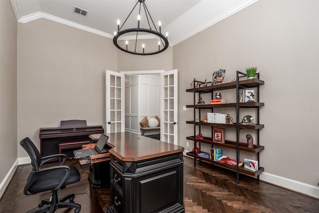 321 Hitch Wagon Dr, Mckinney, TX 75071 - office with french doors, ornamental molding, a chandelier, baseboards, and lofted ceiling