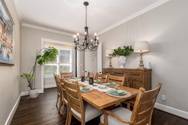 321 Hitch Wagon Dr, Mckinney, TX 75071 - dining area with a chandelier, dark wood-style floors, baseboards, and ornamental molding
