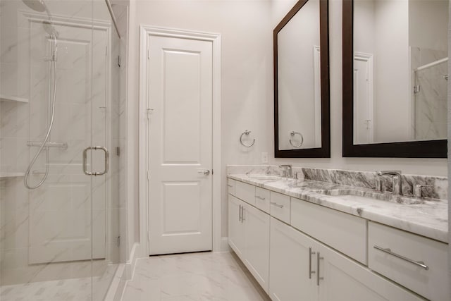 4651 New Water Ln, Dallas, TX 75219 - full bath with a marble finish shower, double vanity, and marble look tiles