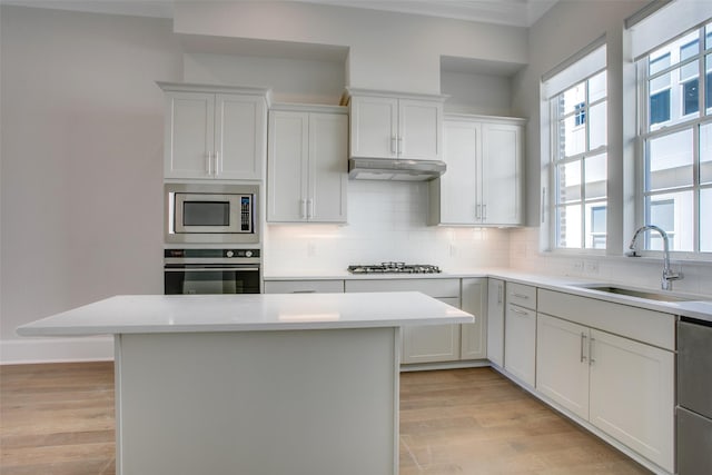 4651 New Water Ln, Dallas, TX 75219 - kitchen with stainless steel appliances, a sink, light countertops, decorative backsplash, and light wood finished floors
