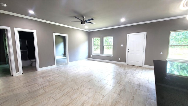 1820 Smoke Tree Ln, Dallas, TX 75253 - unfurnished living room featuring a ceiling fan, ornamental molding, baseboards, and recessed lighting