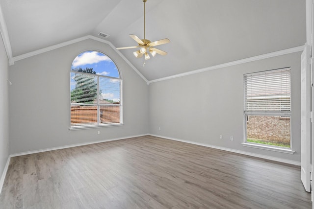 9117 Roundbluff Rd, Plano, TX 75025 - bonus room featuring wood finished floors, a ceiling fan, vaulted ceiling, and baseboards