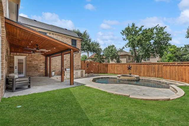 9117 Roundbluff Rd, Plano, TX 75025 - view of yard featuring ceiling fan, a patio area, and a pool with connected hot tub