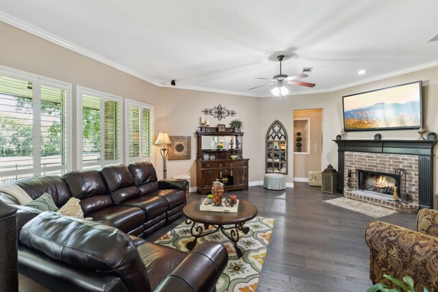 5516 Greenview Ct, North Richland Hills, TX 76148 - living room with crown molding, a ceiling fan, dark wood finished floors, baseboards, and a brick fireplace