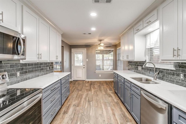 4428 Aspen Way, Haltom City, TX 76137 - kitchen with appliances with stainless steel finishes, gray cabinets, a sink, baseboards, and ornamental molding