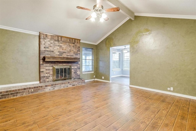 4428 Aspen Way, Haltom City, TX 76137 - unfurnished living room with wood finished floors, a ceiling fan, a fireplace, and baseboards