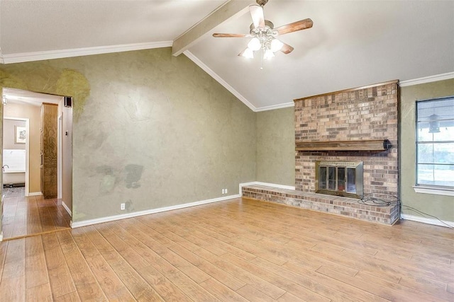 4428 Aspen Way, Haltom City, TX 76137 - unfurnished living room with wood finished floors, ceiling fan, a brick fireplace, and baseboards