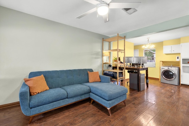 7932 Tumbleweed Trl, White Settlement, TX 76108 - living room with washer / clothes dryer, dark wood finished floors, a ceiling fan, a chandelier, and baseboards