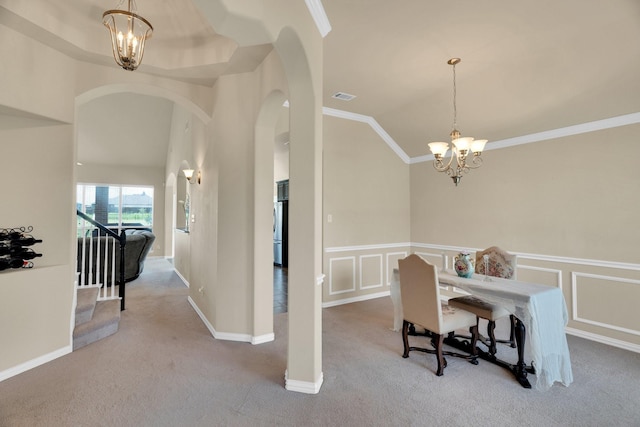 136 Devonshire Dr, Waxahachie, TX 75167 - carpeted office space with a chandelier, arched walkways, ornamental molding, vaulted ceiling, and a decorative wall