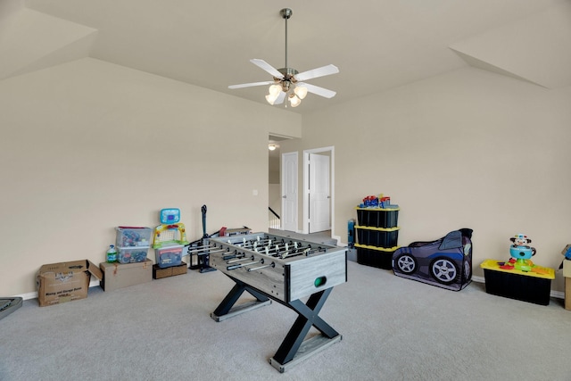136 Devonshire Dr, Waxahachie, TX 75167 - recreation room featuring carpet, ceiling fan, and lofted ceiling