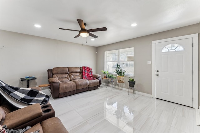 420 Shady Oaks Ln, Paris, TX 75460 - living room with ceiling fan, recessed lighting, light tile patterned flooring, and baseboards