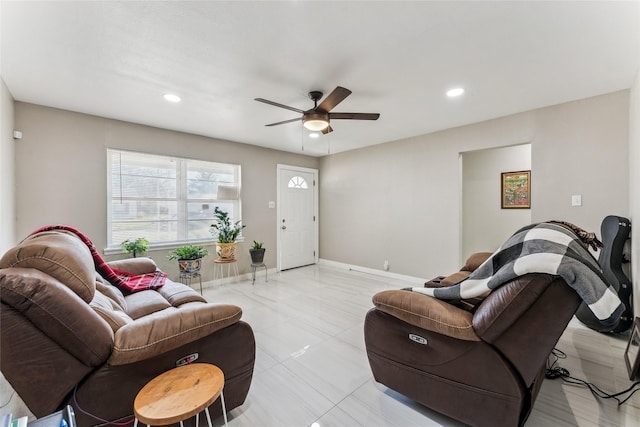 420 Shady Oaks Ln, Paris, TX 75460 - living room featuring ceiling fan, recessed lighting, baseboards, and light tile patterned floors
