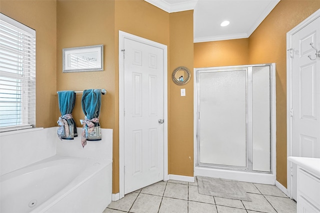 209 Keswick Dr, Hewitt, TX 76643 - full bath with crown molding, a shower stall, tile patterned floors, a garden tub, and plenty of natural light
