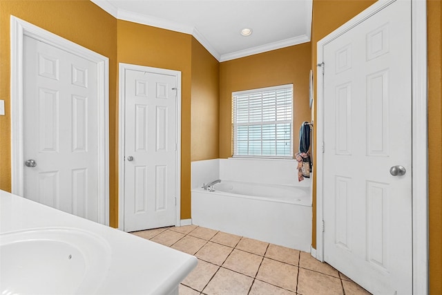 209 Keswick Dr, Hewitt, TX 76643 - full bath with a garden tub, tile patterned floors, crown molding, baseboards, and double vanity