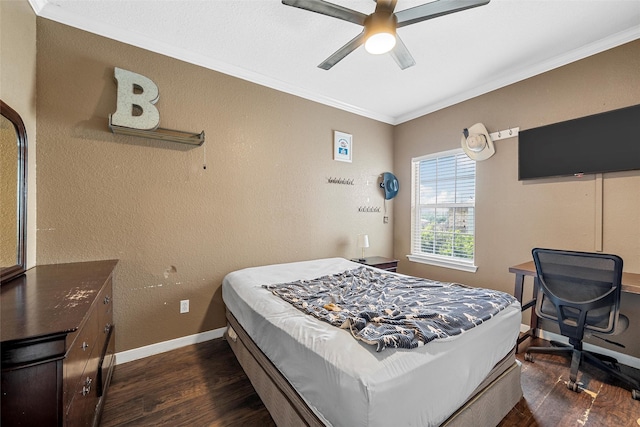 209 Keswick Dr, Hewitt, TX 76643 - bedroom with dark wood-type flooring, crown molding, baseboards, a textured wall, and a ceiling fan