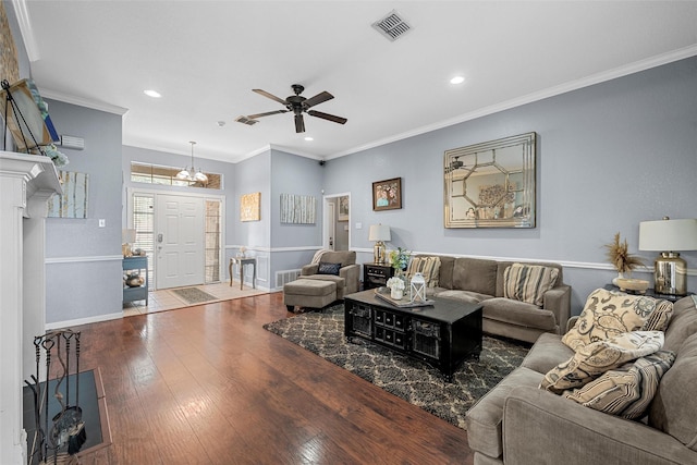209 Keswick Dr, Hewitt, TX 76643 - living area with a ceiling fan, wood-type flooring, recessed lighting, crown molding, and baseboards