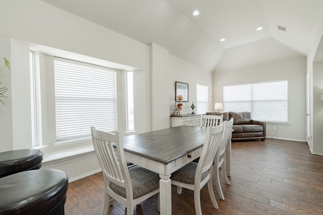 1415 Clubhill Dr, Rockwall, TX 75087 - dining room with dark wood-style floors, recessed lighting, baseboards, and lofted ceiling