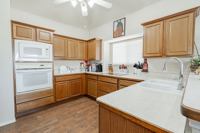 1415 Clubhill Dr, Rockwall, TX 75087 - kitchen with white appliances, a sink, light countertops, and a ceiling fan