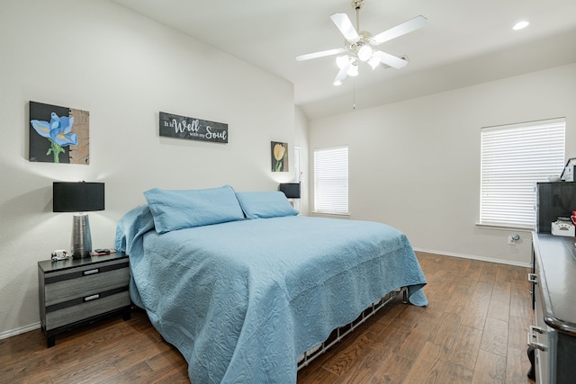 1415 Clubhill Dr, Rockwall, TX 75087 - bedroom featuring dark wood finished floors, baseboards, ceiling fan, and lofted ceiling