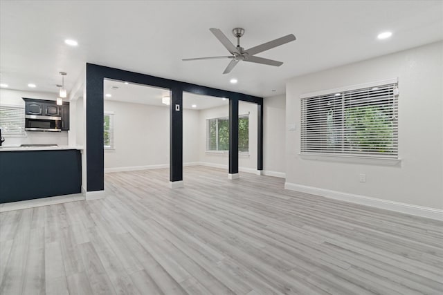 1006 Tower Dr, Cedar Hill, TX 75104 - unfurnished living room featuring recessed lighting, ceiling fan, light wood-type flooring, and baseboards
