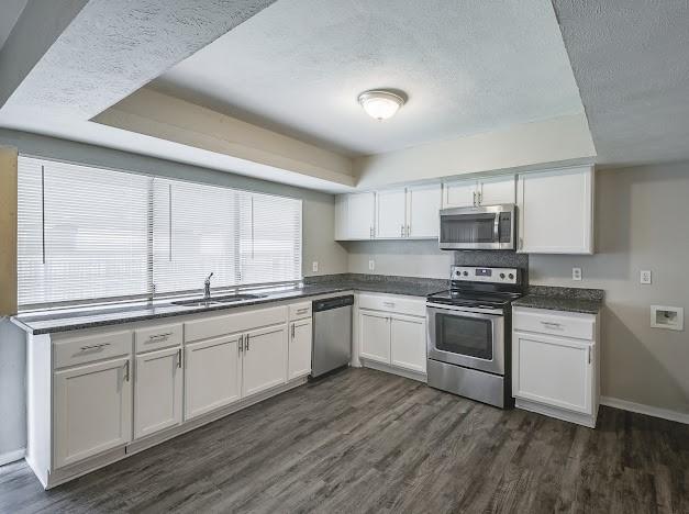 1901 Castille Dr, Carrollton, TX 75007 - kitchen with stainless steel appliances, a tray ceiling, dark wood-type flooring, dark countertops, and a textured ceiling