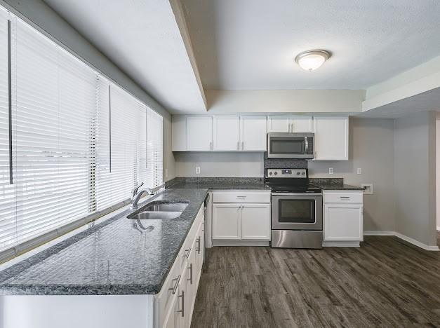 1901 Castille Dr, Carrollton, TX 75007 - kitchen featuring stainless steel appliances, a sink, dark wood-style floors, and white cabinetry