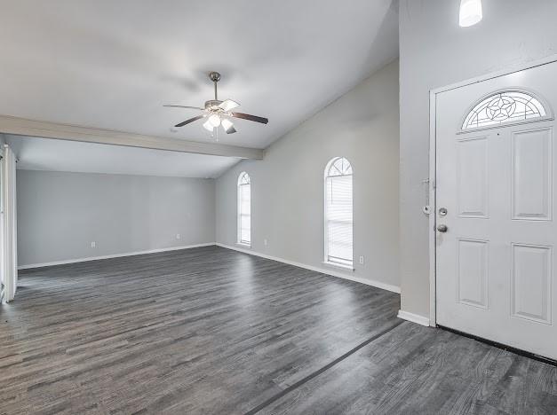 1901 Castille Dr, Carrollton, TX 75007 - foyer featuring a ceiling fan, dark wood-style flooring, and baseboards