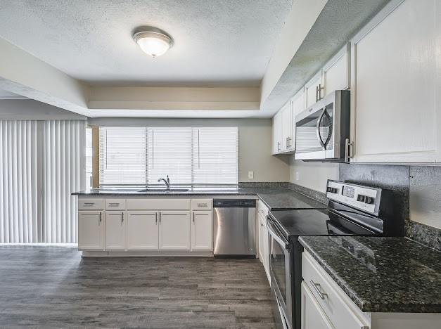 1901 Castille Dr, Carrollton, TX 75007 - kitchen with appliances with stainless steel finishes, a textured ceiling, dark wood-style floors, a sink, and white cabinetry
