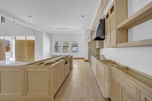 1010 W Mcdonwell School Rd, Colleyville, TX 76034 - kitchen featuring range hood, light wood-style floors, light brown cabinetry, glass insert cabinets, and baseboards