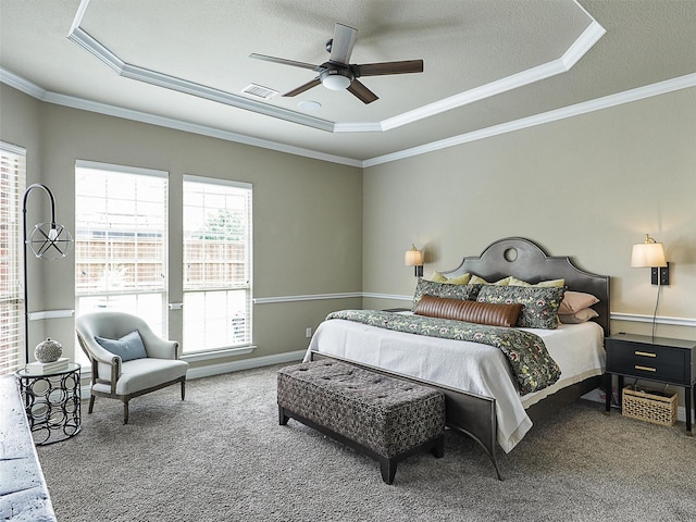 2420 Lilyfield Dr, Trophy Club, TX 76262 - bedroom with a raised ceiling, carpet flooring, multiple windows, crown molding, and a textured ceiling