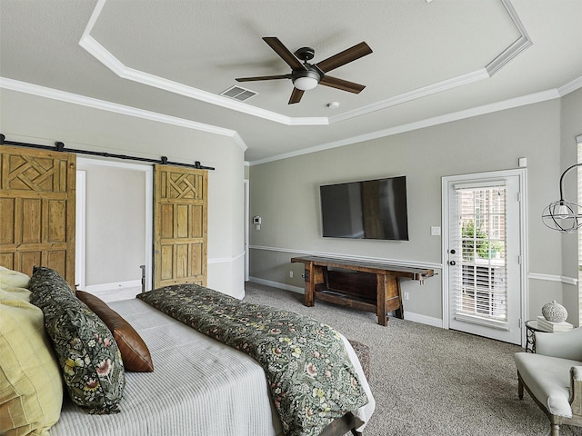 2420 Lilyfield Dr, Trophy Club, TX 76262 - carpeted bedroom featuring access to outside, a barn door, crown molding, baseboards, and ceiling fan
