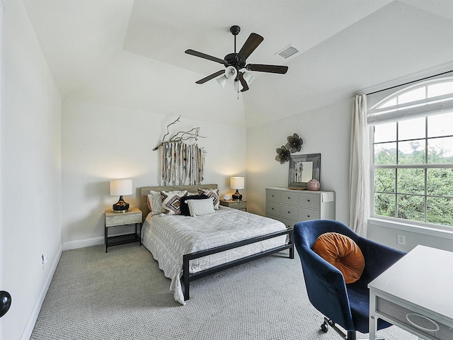 2420 Lilyfield Dr, Trophy Club, TX 76262 - carpeted bedroom featuring vaulted ceiling, baseboards, and a ceiling fan
