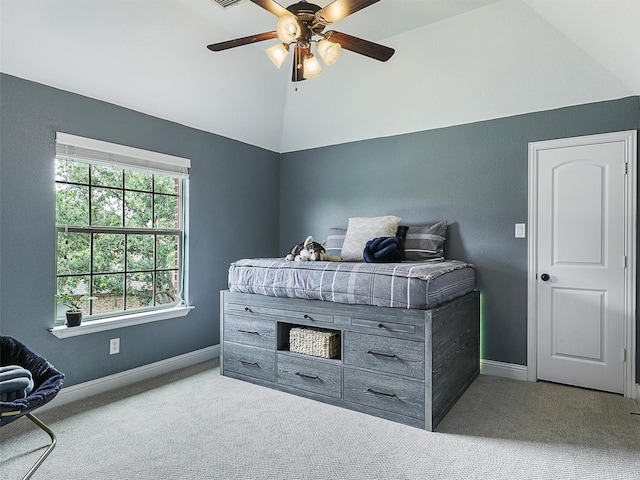 2420 Lilyfield Dr, Trophy Club, TX 76262 - bedroom featuring carpet, vaulted ceiling, baseboards, and ceiling fan