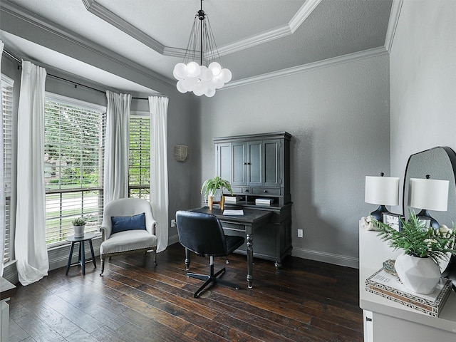 2420 Lilyfield Dr, Trophy Club, TX 76262 - home office with a chandelier, dark wood-style floors, a tray ceiling, crown molding, and baseboards