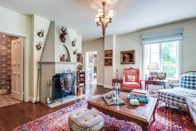 4107 Turtle Creek Blvd, Dallas, TX 75219 - living room with wood finished floors, a chandelier, baseboards, and a fireplace