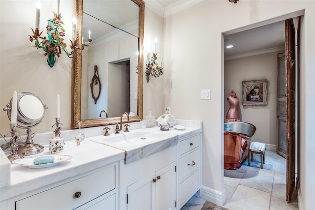 4107 Turtle Creek Blvd, Dallas, TX 75219 - bathroom with ornamental molding, vanity, and baseboards