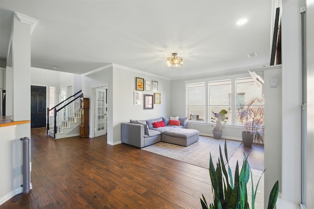10014 Fairway Vista Dr, Rowlett, TX 75089 - living area featuring stairs, dark wood finished floors, baseboards, crown molding, and a chandelier