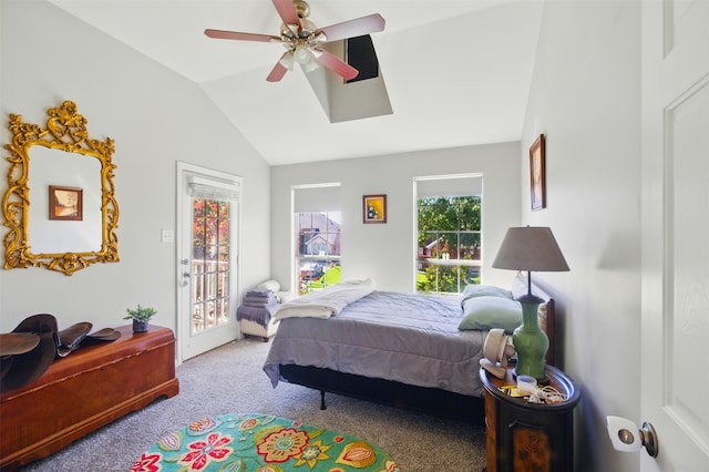 10014 Fairway Vista Dr, Rowlett, TX 75089 - carpeted bedroom featuring access to outside, lofted ceiling, and a ceiling fan