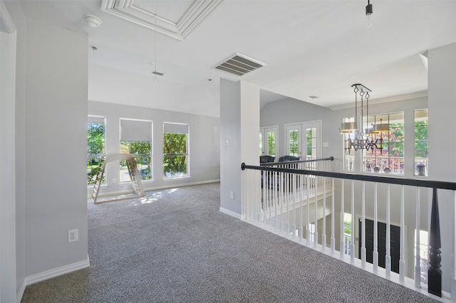10014 Fairway Vista Dr, Rowlett, TX 75089 - corridor featuring attic access, carpet floors, baseboards, plenty of natural light, and crown molding