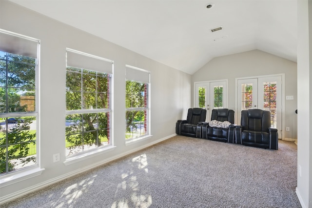 10014 Fairway Vista Dr, Rowlett, TX 75089 - carpeted home theater room featuring plenty of natural light, lofted ceiling, and french doors