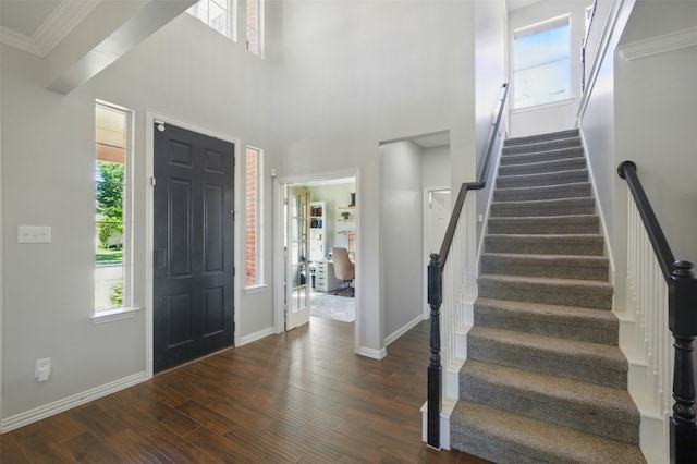 10014 Fairway Vista Dr, Rowlett, TX 75089 - foyer entrance featuring plenty of natural light, stairs, dark wood-style floors, baseboards, and ornamental molding