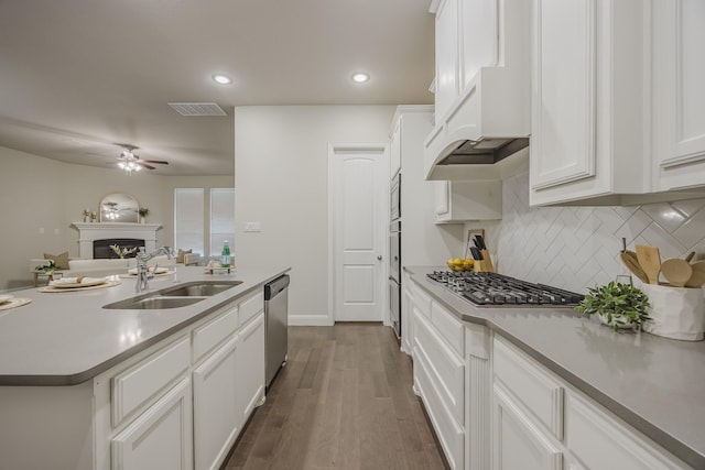 14844 Gentry Dr, Aledo, TX 76008 - kitchen with a sink, stainless steel appliances, a ceiling fan, a glass covered fireplace, and decorative backsplash