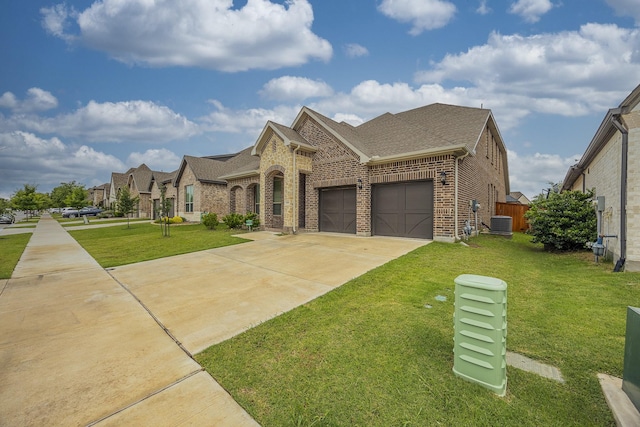 14844 Gentry Dr, Aledo, TX 76008 - french provincial home featuring brick siding, central air condition unit, a shingled roof, and a front lawn