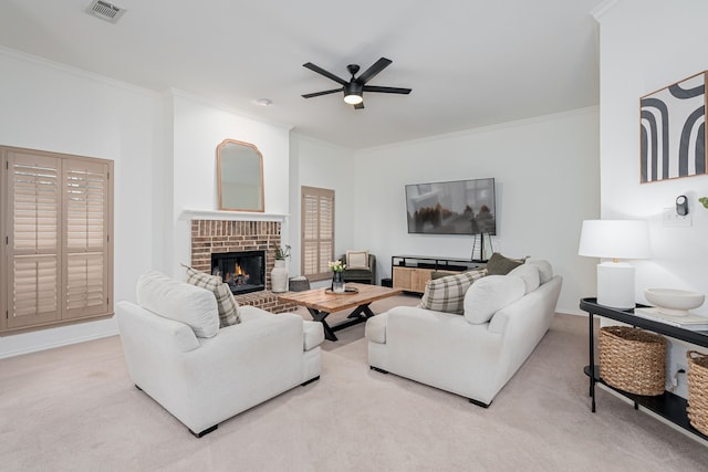3159 Market Center Dr, Rockwall, TX 75032 - living area with ornamental molding, a ceiling fan, light carpet, a fireplace, and baseboards