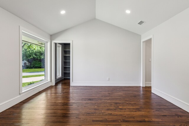 6721 Meadowcreek Dr, Dallas, TX 75254 - unfurnished living room featuring dark wood-style floors, baseboards, recessed lighting, and lofted ceiling