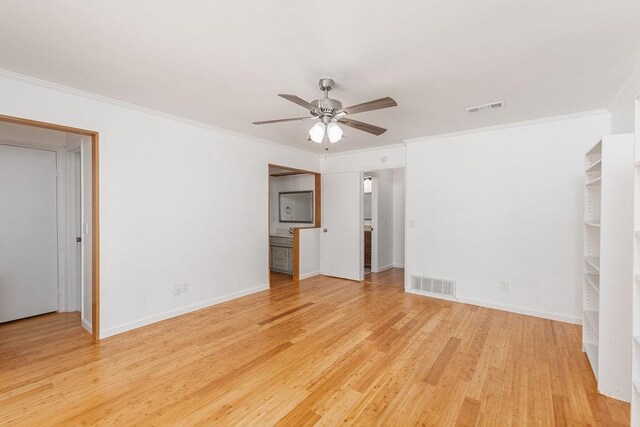 1720 Hearthstone Dr, Plano, TX 75023 - unfurnished bedroom with crown molding, light wood-style floors, baseboards, and a ceiling fan