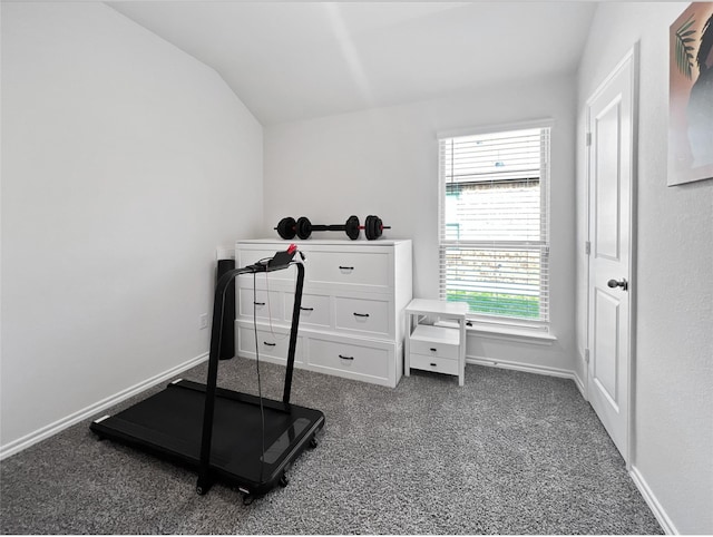 1192 Norias Dr, Forney, TX 75126 - workout room featuring dark colored carpet, vaulted ceiling, and baseboards
